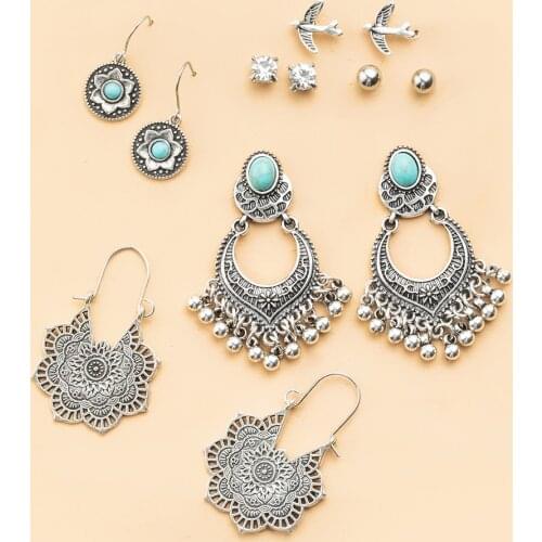 Vintage Ethnic Boho Golden Silver Color Sets Earrings for Women Girls Big Round Geometric Statement Earrings Set Jewelry Wedding