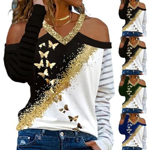 Women Long Sleeve Sexy V Neck Blouse Skin-friendly Off Shoulder Butterflies Print Autumn Blouse Pullover Top Streetwear Party