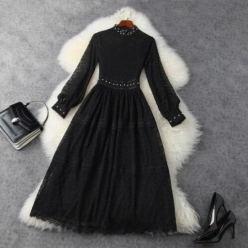 Womens European and American clothing new 2021 spring Long sleeve stand collar nail bead Fashionable black lace dress