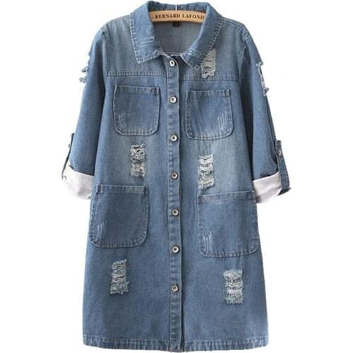 Autumn Winter Vintage Ripped Denim Jacket Women Loose Frayed Hole Long Denim Coat Plus Size 5XL Jeans Jackets Coats Windbreaker