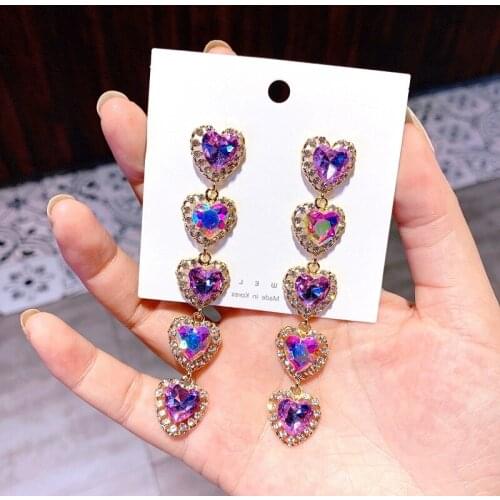 Korean Trendy Five Love Heart Rhinestone Long Pendientes For Women Fashion Colorful Crystal Dangle Earrings Gift