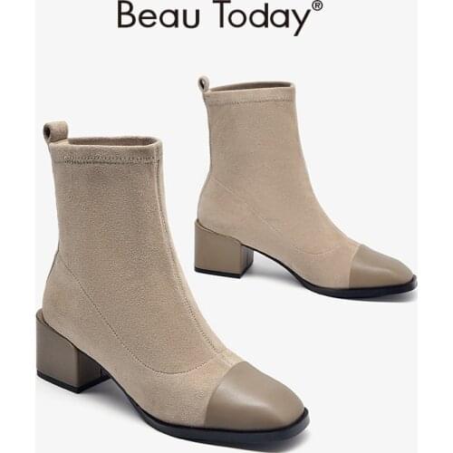 Women Ankle Sock Boots Kid Suede Calfskin Leather Square Toe High Heel Patchwork Female Dress Shoes Handmade BeauToday 03360