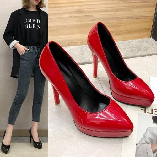 Voesnees Womens Pumps 2020 new waterproof platform super high heels10/12cm fine heel pointed patent leather Wild womens shoes