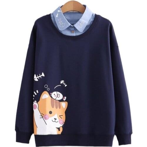 Harajuku Cat Print Kawaii Pullover Sweatshirt Women 2021 Winter Full Sleeve Patchwork Korean Ladies Daily Graphic 2-IN-1Tops