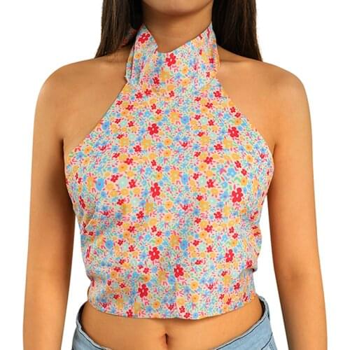 Women Floral Print Halter Vest Female Slim Fit Sleeveless O-neck Tie-up Cropped Tops for Summer