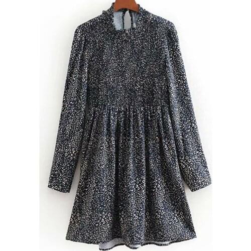 2019 Women Leopard Print Pleated Dress Animal Pattern Vintage Ruffled Neck Long Sleeve Vintage Casual Dresses Feminino Vestidos