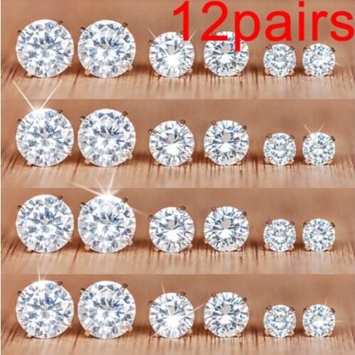12 Pair/Pack Shiny Wedding Round Stud Earrings Set for Women Crystal Jewelry Accessories Earing