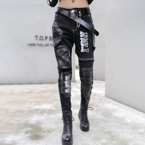 #3019 Denim Skinny Black Jeans Women Slim Zipper Pockets Jeans For Women Streetwear Jeans Woman Letter Low Waist Denim Pant Girl