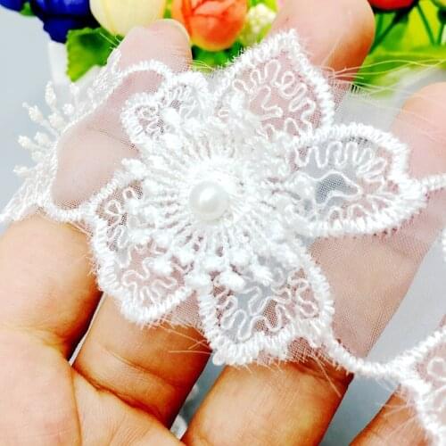 30x White Daffodil Flowers Pearl Lace Trim Embroidered Trimmings Wedding Dress Veil Childrens Clothing Applique Sewing Craft