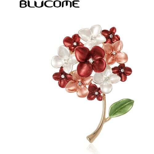 Blucome Enamel Purple Red Blue Lilac Flower Brooches For Women Suit Collar Clip Hydrangea Weddings Party Brooch Lapel Pins Gifts