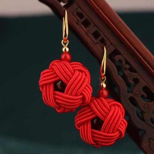 Ethnic Chinas Wind Red Drop Earring Simple Style Vintage Original Hand Knitting Earrings For Women Gift Jewelry