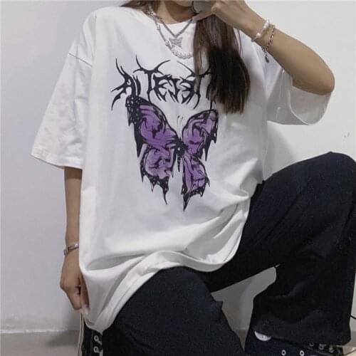 Womens T-shirts 2020 Summer Butterfly Print Top Female T-shirt Harajuku Shirt Vintage Clothes Casual Short Sleeve Ladies Shirts