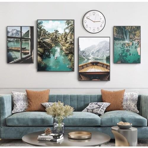 Mountain Lake Boat Landscape Canvas Poster Scandinavian Nature Scenery Wall Art Print Painting Nordic Living Room Home Decor