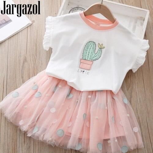 Jargazol Girls Ruffle Outfits Cactus Embroidery Shirt&mesh Skirt Summer Little Girls Clothing Set Pretty Children Clothes