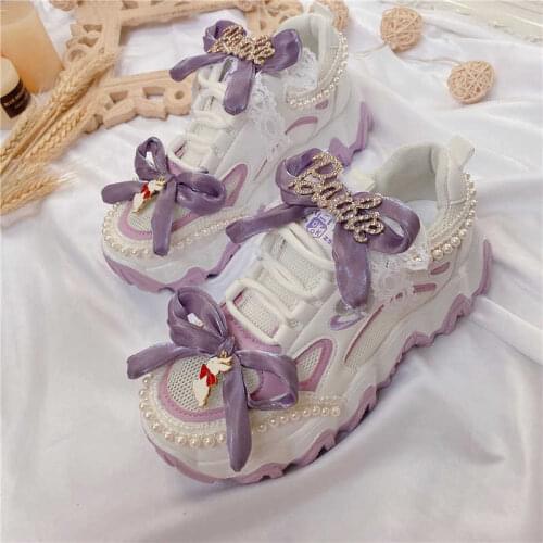Japanese sweet lolita shoes purple bowknot cute platform shoes Japanese girl lace up sneakers college style cosplay cos