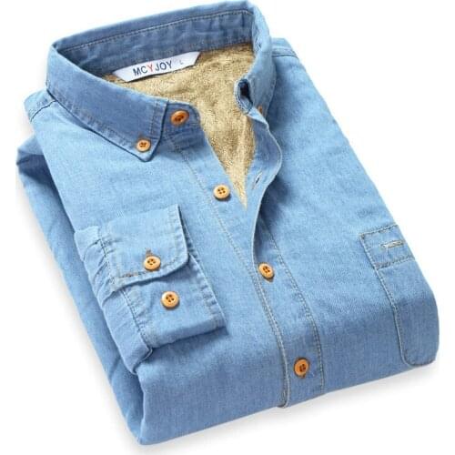 Men Cotton Denim Velvet Warm Winter Long Sleeve Shirt Slim fit Man With Thick Fleece Denim Shirts Men Bottoming Shirt