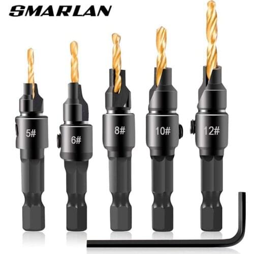 Upgrade 5pcs/set #5~#12 HSS Woodworking Countersink Drill Bit Set 1/4 Quick Change Hex Shank Screw Carpentry Reamer Chamfer Mill