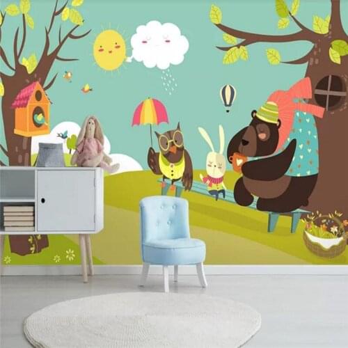 Custom wallpaper Nordic simple cartoon cute animal big bear forest childrens room wall - high quality silk cloth