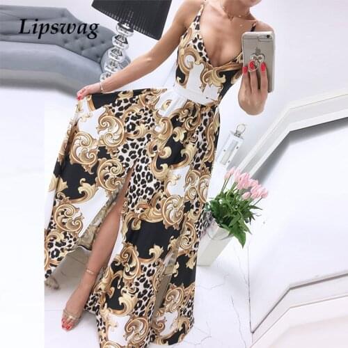 2021 Casual Summer Vintage Print Sling Long Dress Lady Sexy V Neck Split Party Dress Fashion Women Sleeveless Maxi Beach Dresses