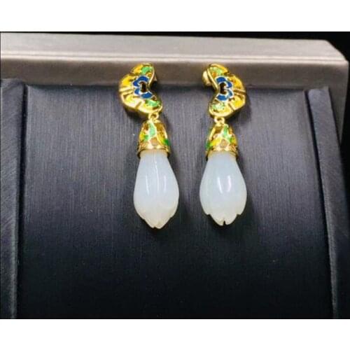 925 Sterling Silver Hetian White Jade Carve Magnolia Flowers Stud Earrings Fine Jewelry For Fashion Women Christmas Gift