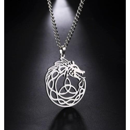 Teamer Celtic Knot Dragon Necklace for Women Men Myths and Legends Viking Wicca Amulet Punk Hip pop Stainless Steel Jewelry Gift
