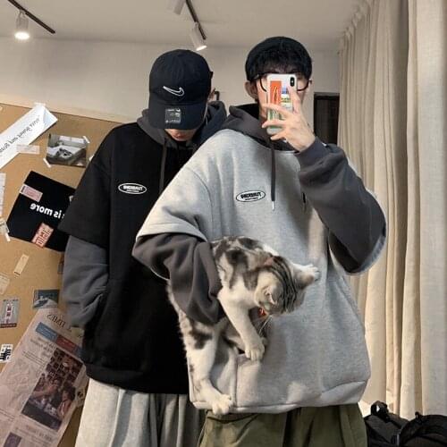 Hoodies Men Sweatshirt Couple Autumn/winter Fake Two-piece Hooded Pullover Student Korean Style Loose Top Velvet Thick Jacket