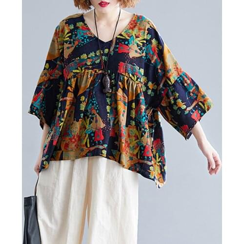 Vintage Floral Print Blouse Women Flare Sleeve Loose Tops V-Neck Three Quarter Sleeve Shirt Casual Autumn Spring