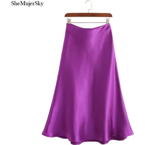 SheMujerSky Purple Satin Skirts Women Elegant Summer High Waist Skirt 2020 faldas largas mujer
