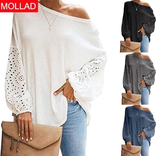 2021 European and American Top Womens Popular Solid Color Loose Diagonal Collar Hollow-out Long Sleeve off-Shoulder T-shirt