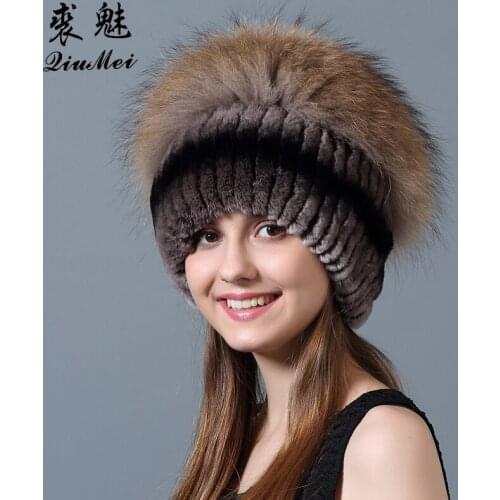 QiuMei Fur Hats for Women Rabbit Rex 2018 New Fox Fur Pompoms Real Fur Hat Caps Fashion Russian Knitted Fur Hats Winter New