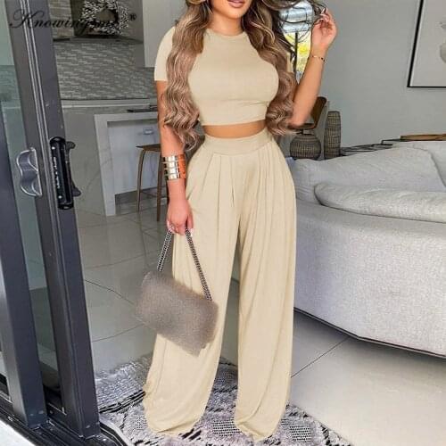 Women Wide Pants Set Plain Crop Top Summer Floral Print Pants Sets 2021 Femme Elegant slim Pullover Ladies sexy slim Outfit set