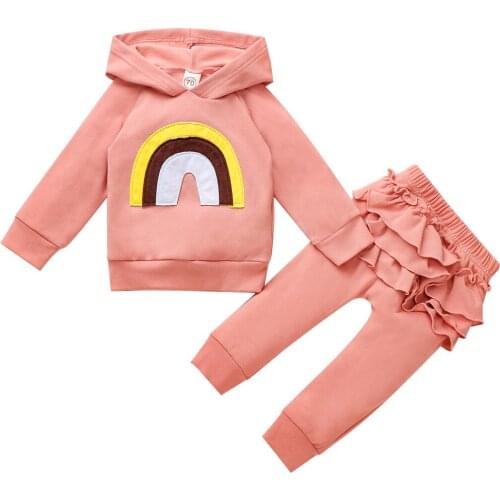 6M-4T Autumn Baby Girls Clothes Sets Rainbow Print Long Sleeve Hooded Pullover Tops Ruffles Pants 2pcs Baby Girl Set Suit