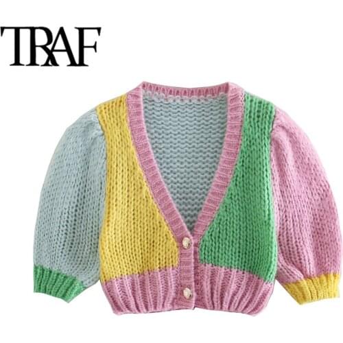 TRAF Women Sweet Fashion Patchwork Cropped Cable-knit Cardigan Sweater Vintage Puff Sleeve Female Outerwear Chic Tops