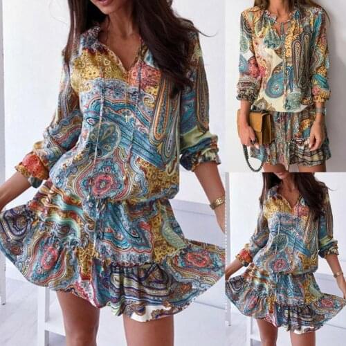 New Summer Ladies Elegant Vintage Print Ruffled Flounced Hem Short Dress Women Long Sleeve V Neck Lace-up Dress for Beach