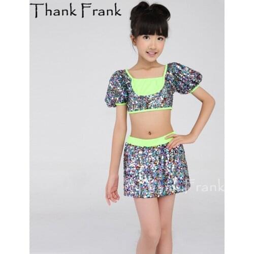 2-piece Colorful Sequin Latin Dress Girls Women Sexy Puff Sleeve Ballet Dance Costume C433