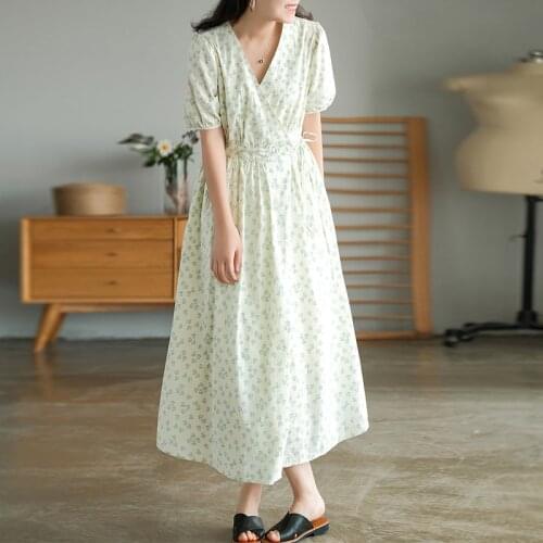 Johnature Women Vintage V-Neck Print Floral Dress Short Sleeve Belt Robes 2021 Summer Sweet Female Casual Korean Style Dresses