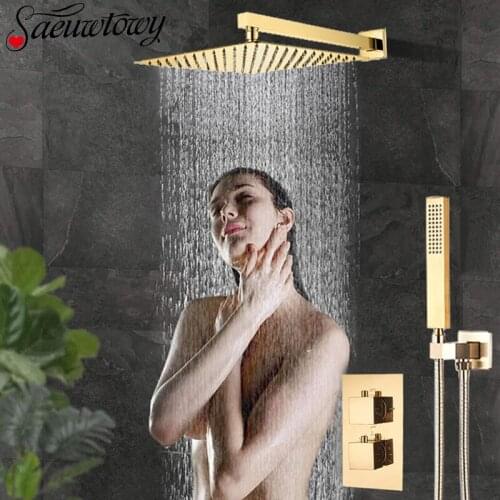 Golden Thermostatic Shower Faucet Wall Mounted/Ceiling Mount Bathroom Rainfall Shower Column Shower Concealed Shower Mixer Tap