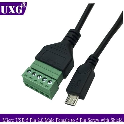 1pcs 1FT Micro USB 5 Pin 2.0 Male Female to 5 Pin Screw with Shield Solderless Terminal Plug Adapter Connector Cable Lead 30cm