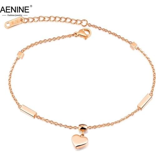 AENINE New Heart & Cube Charm Anklets For Women Rose Gold Color Stainless Steel Female Foot Bracelet Friendship Jewelry AA19040