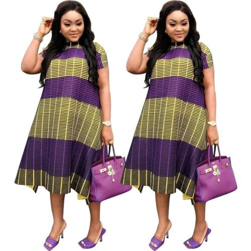 African Dresses For Women 2021 New Fashion Summer Stripe Printi Short Sleeve Robes Casual African Pleated A Line Dress Plus Size