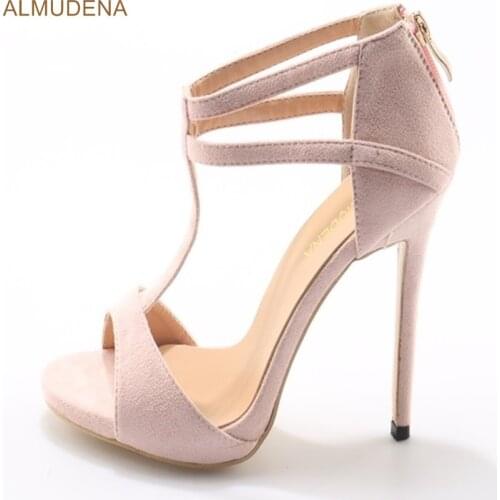 ALMUDENA Young Girls Light Pink Suede High Heel Sandals Stiletto Heel Strappy Dress Shoes T-strap Wrapped Heel Shoes Dropship