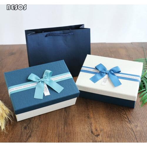 Large Valentines Day Festival Birthday Wedding Ribbon Bowknot Blue Milky White Lid Rectangular Gift Packing Box B029B