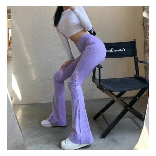 Spring Summer Elegant Slim Knitted Ribbed Flare Pants Casual High Waist Trousers Vintage Bottoms Laides Purple Sweatpants