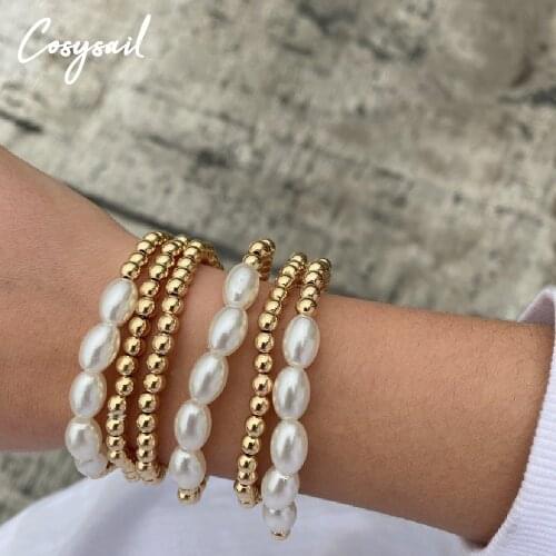 Cosysail 6Pcs/Set Bohemia Imitation pearls Bangle Bracelet for Female Girl Gold Plated Beads Bracelet Party Jewelry Gift 2021