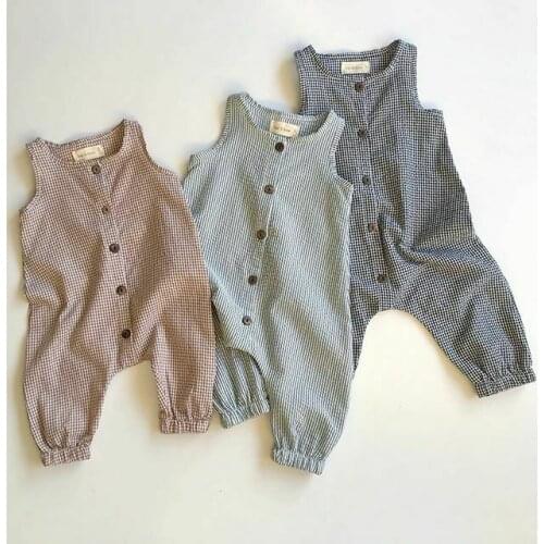 Baby Girl Boy Clothes Sleeveless Plaids Romper Jumpsuit Single Breasted Suit Overall Outfits 0-18M
