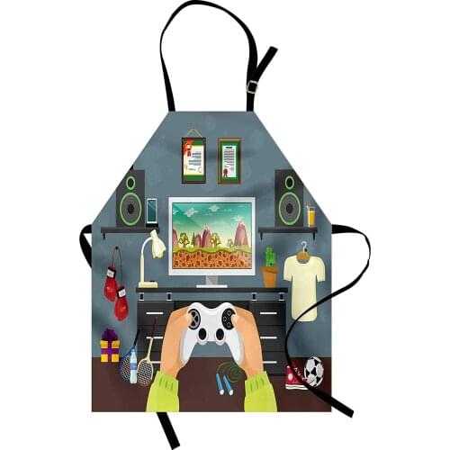 Gamer Apron Gaming Guy in His Flat Diplomas Loud Speakers Boxing Gloves Jump Rope Trophy Women Kids Cooking Baking Kitchen Bib