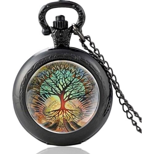 Classic Hand Holding Tree of Life Design Black Vintage Quartz Pocket Watch Unique Pendant Clock Watch Men Women Necklace Gifts