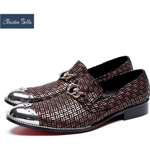 Christia Bella British Gingham Party Men Dress Shoes Wedding Prom Man Formal Shoes Bullock Real Leather Business Shoes Slip On