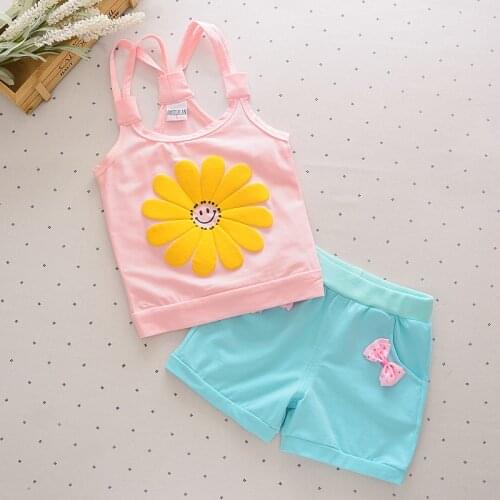Baby girl Clothing Set Yellow Sun flower Tank Vest Top + Shorts Kid girl Summer Sleeveless Set Children girl Clothes Set