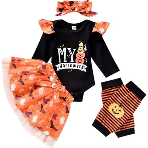 0-12M Infant Baby Girl Halloween Printed Clothes Set O-neck Romper+Short Tulle Skirt+Bow-knot Headband+Leg Sleeves